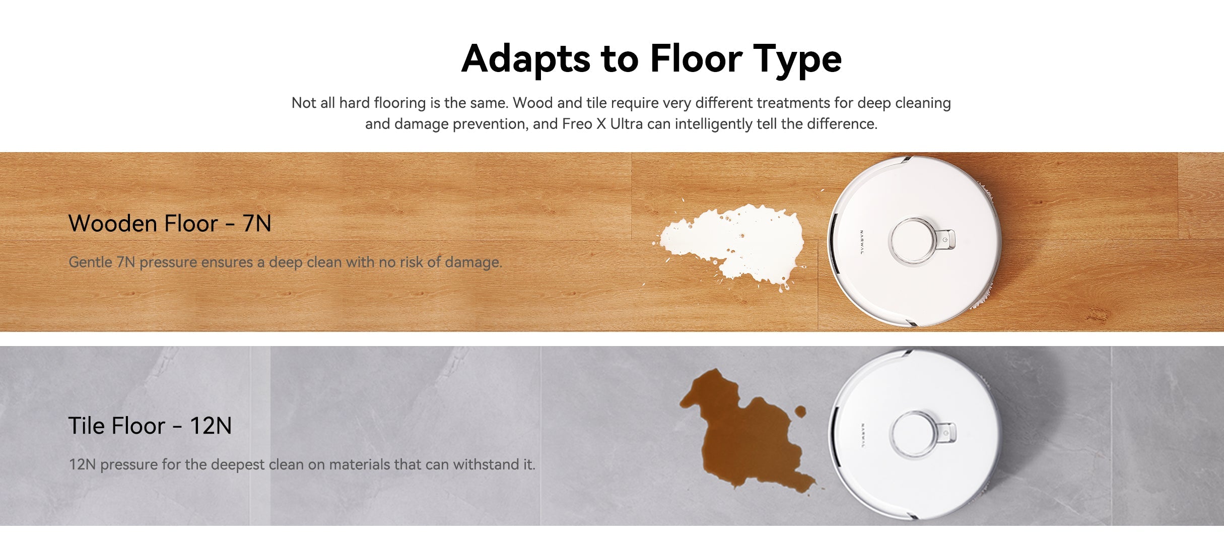 Narwal Freo X Ultra adapts to floor types, adjusting its pressure for wooden and tile floors for optimal cleaning.