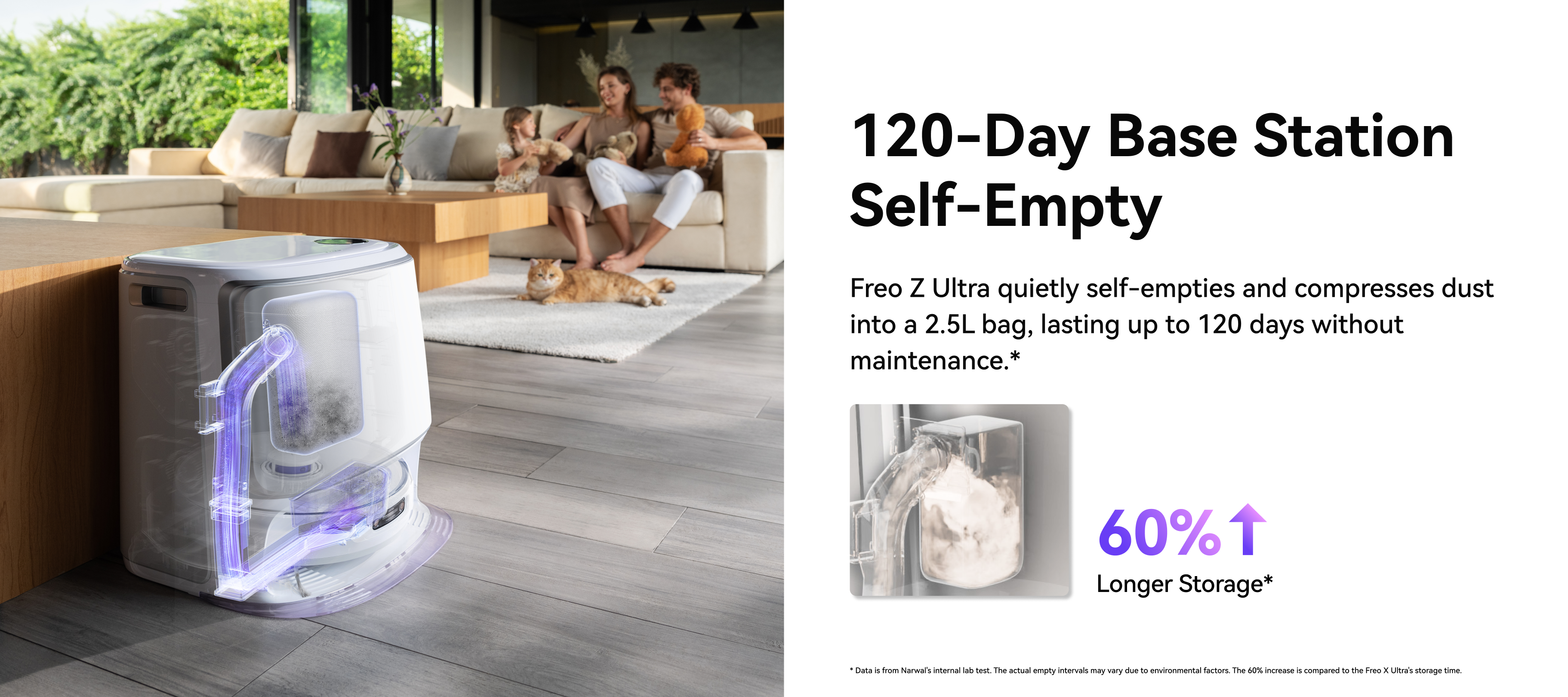 Narwal Freo Z Ultra with 120-day self-emptying base station that compresses dust into a 2.5L bag, offering 60% longer storage time for hassle-free maintenance.