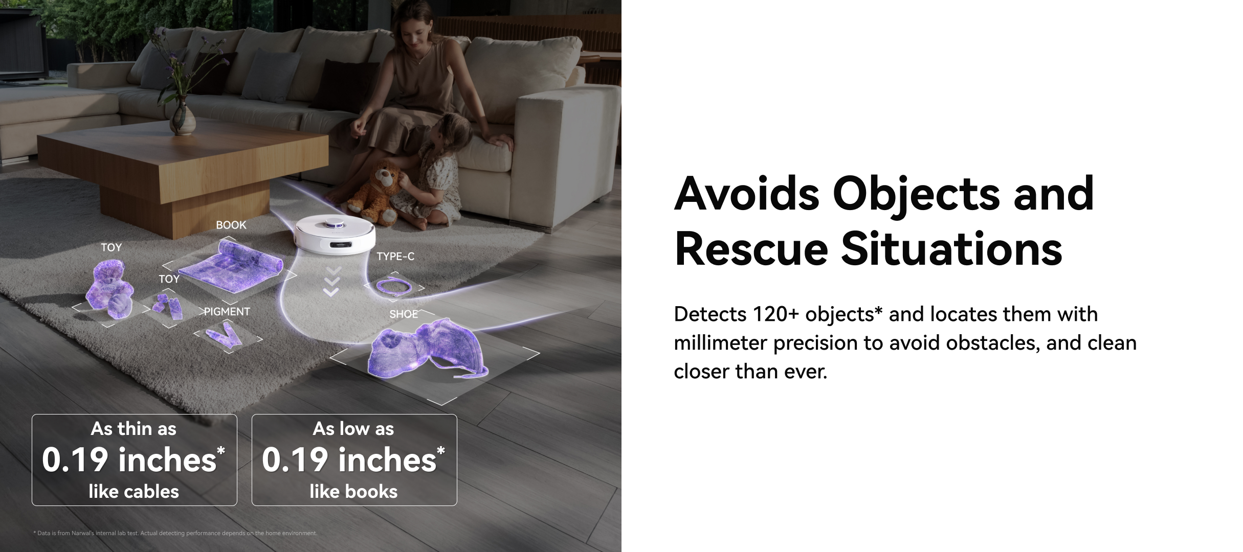 Narwal Freo Z Ultra detecting and avoiding various small objects, including toys, books, and cables, with millimeter precision to ensure close cleaning and prevent rescue situations.