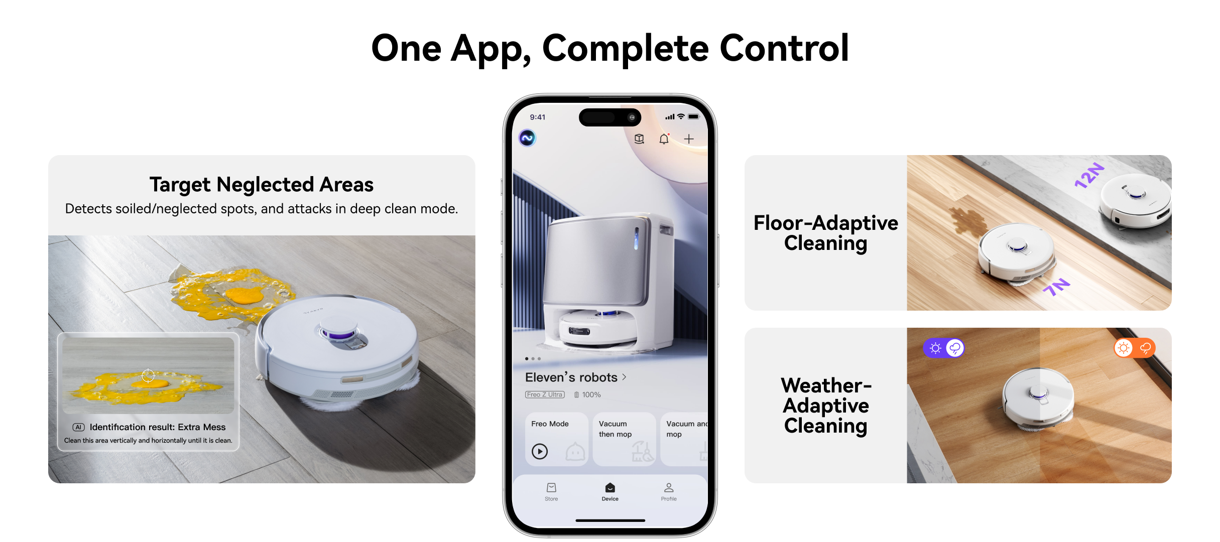 Narwal robot vacuum with app control for targeting neglected areas and adaptive cleaning modes.