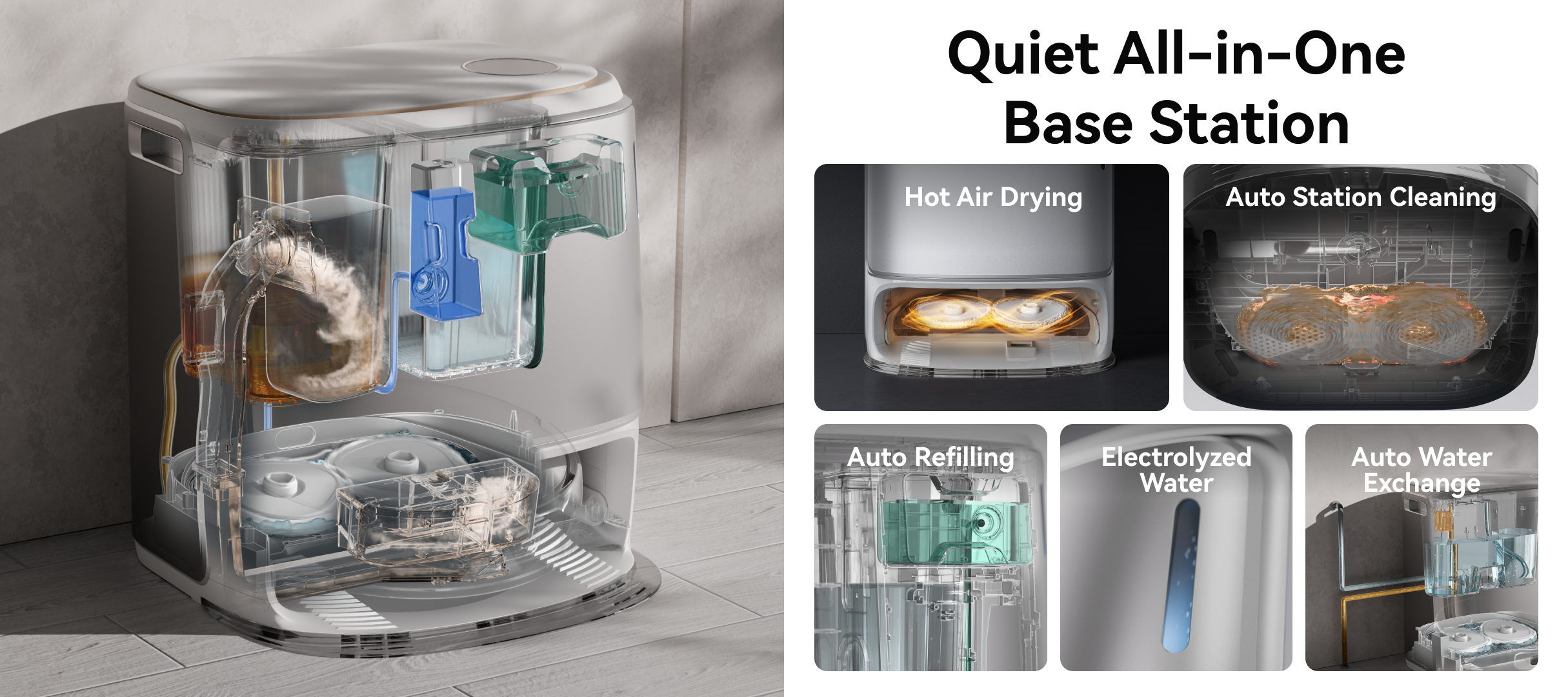 Narwal Quiet All-in-One Base Station with hot air drying, auto station cleaning, and auto water exchange.