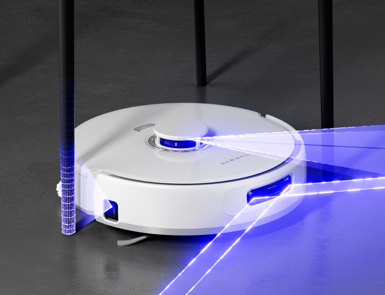 Close-up of the Narwal Freo Z Ultra robot vacuum, highlighting its advanced AI technology and RGB cameras for precise navigation, shown cleaning under furniture.