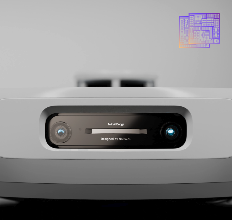 Close-up image of the Narwal Freo Z Ultra robot vacuum's TwinAI Dodge system, showcasing the dual cameras designed for precise navigation and obstacle avoidance.