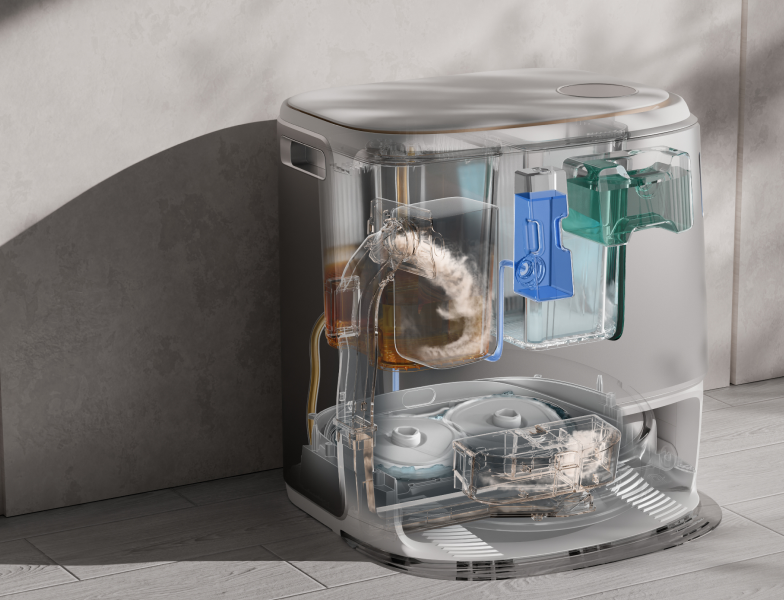 Image highlighting the Narwal Freo Z Ultra robot vacuum's ultra-quiet 8-in-1 base station, featuring self-emptying, self-drying, self-cleaning, auto-refilling, adaptive hot mop washing, and auto water exchange for efficient and low-volume cleaning.