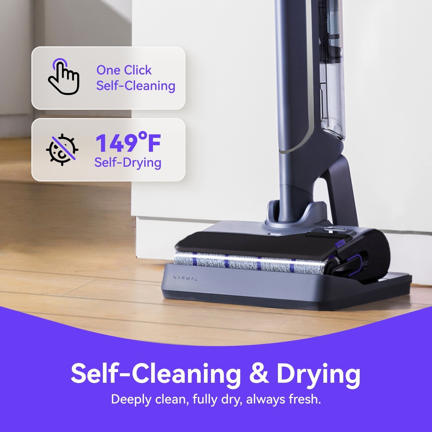 Narwal S20 Pro Vacuum Mop with self-cleaning and drying features on a wooden floor.