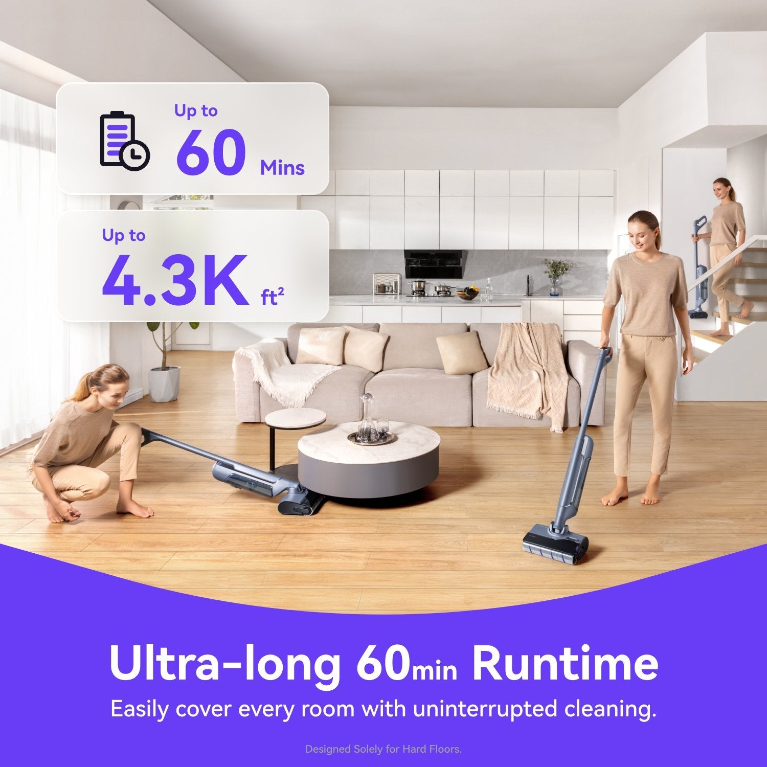 Two women using Narwal S20 Pro Vacuum Mop in a modern living room with text about ultra-long runtime.