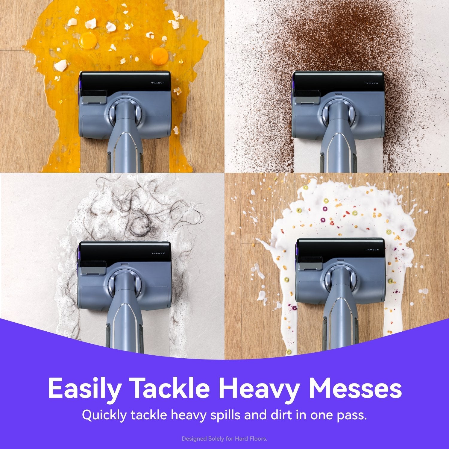 Four images of a Narwal S20 Pro Vacuum Mop tackling different types of messes on hard floors.