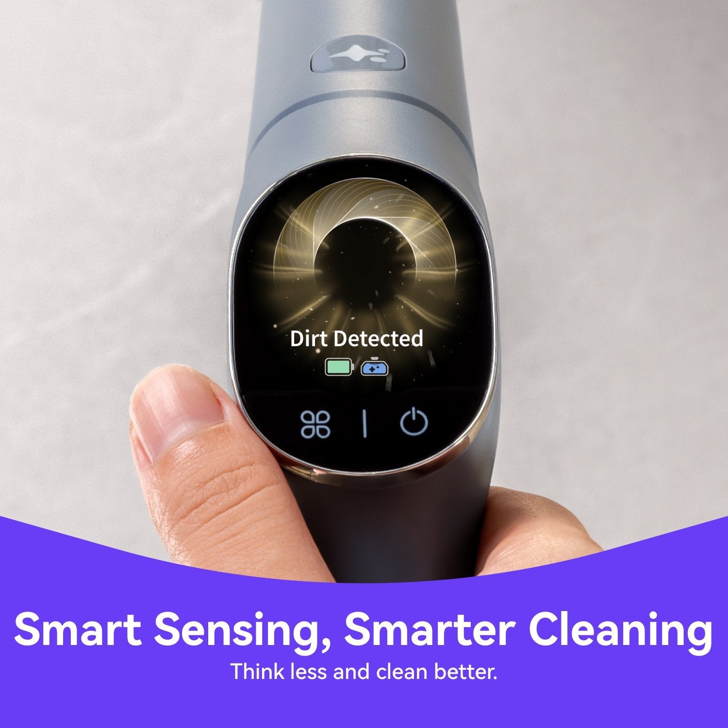 Hand holding a Narwal S20 Pro Vacuum Mop with a digital display showing 'Dirt Detected'.