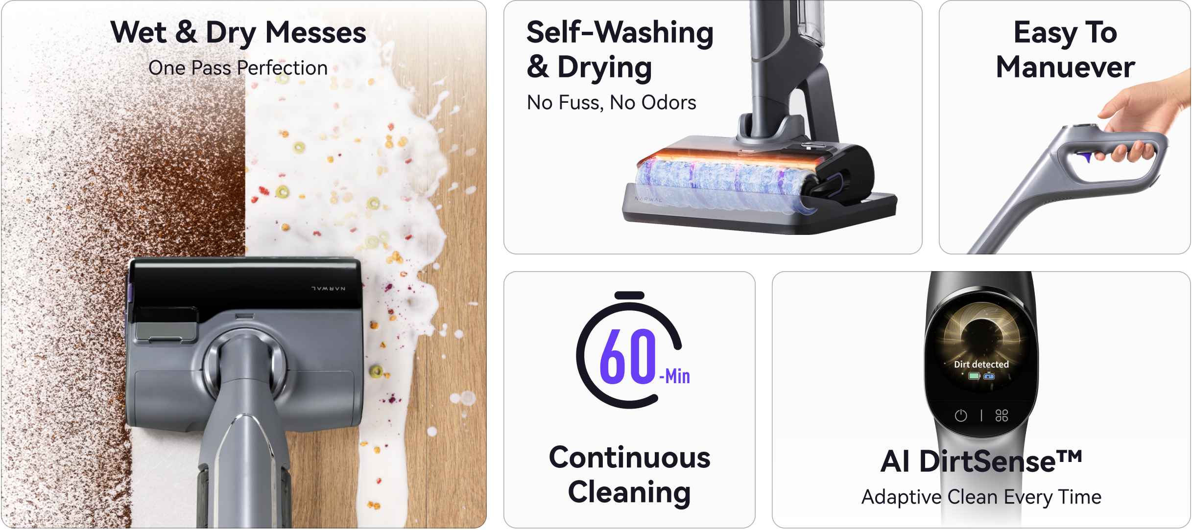 Narwal S20 PRO vacuum cleaner for wet & dry messes with self-washing, 60-min runtime, easy maneuvering, and AI DirtSense™ for adaptive cleaning.