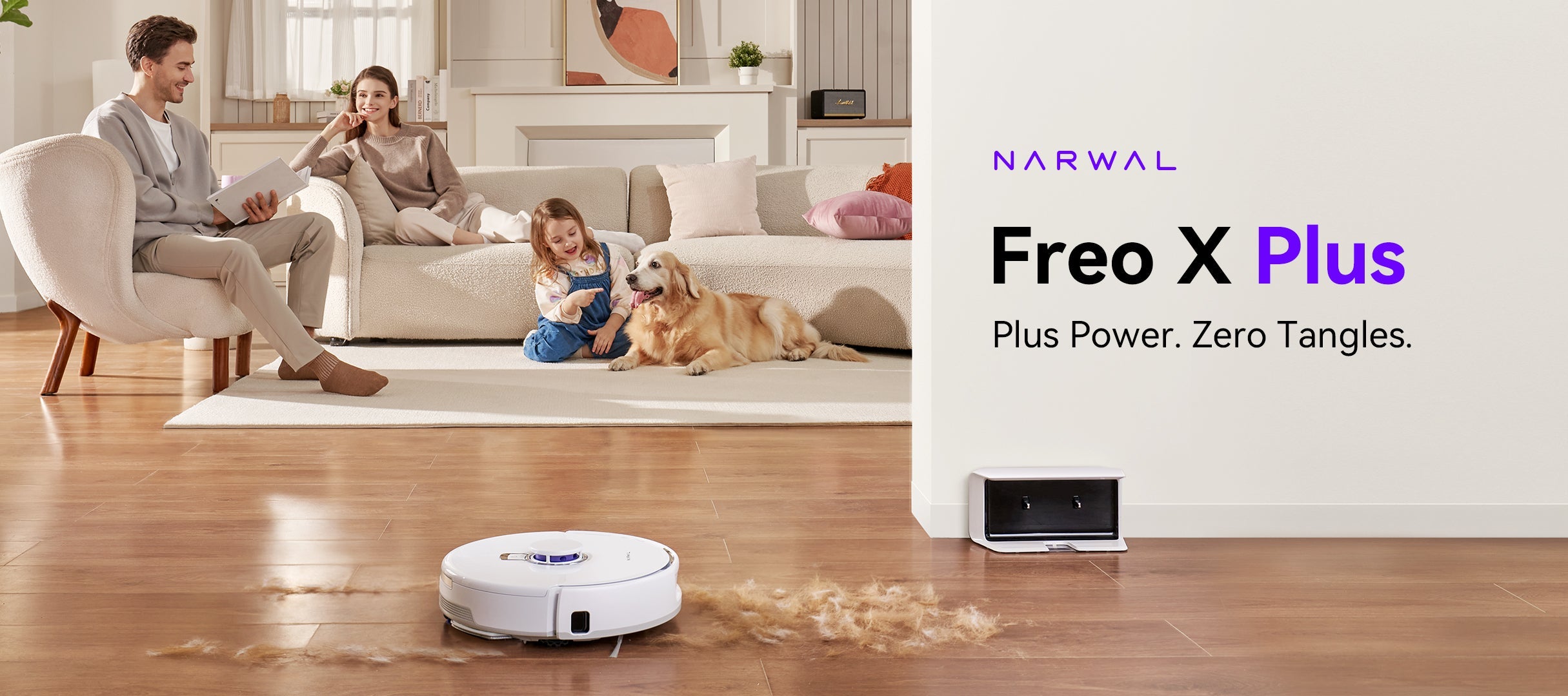 Narwal Freo X Plus Robot Vacuum and Mop, shown with family and dog in the living room, demonstrating its powerful suction and tangle-free performance.