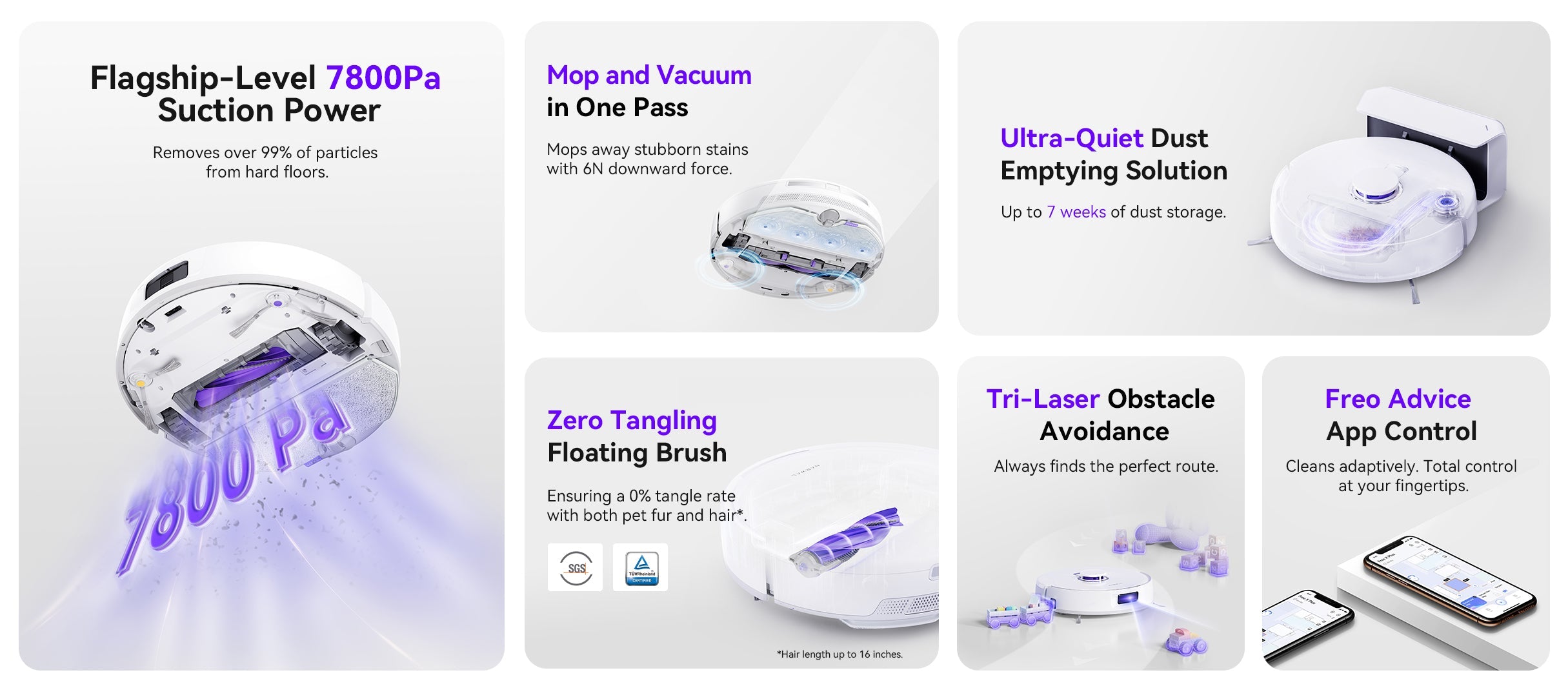 Narwal Freo X Plus Robot Vacuum and Mop showcasing its 7800Pa suction power, dual function of mopping and vacuuming in one pass, ultra-quiet dust emptying solution, zero tangling floating brush, Tri-Laser obstacle avoidance, and app control with Freo Advice.