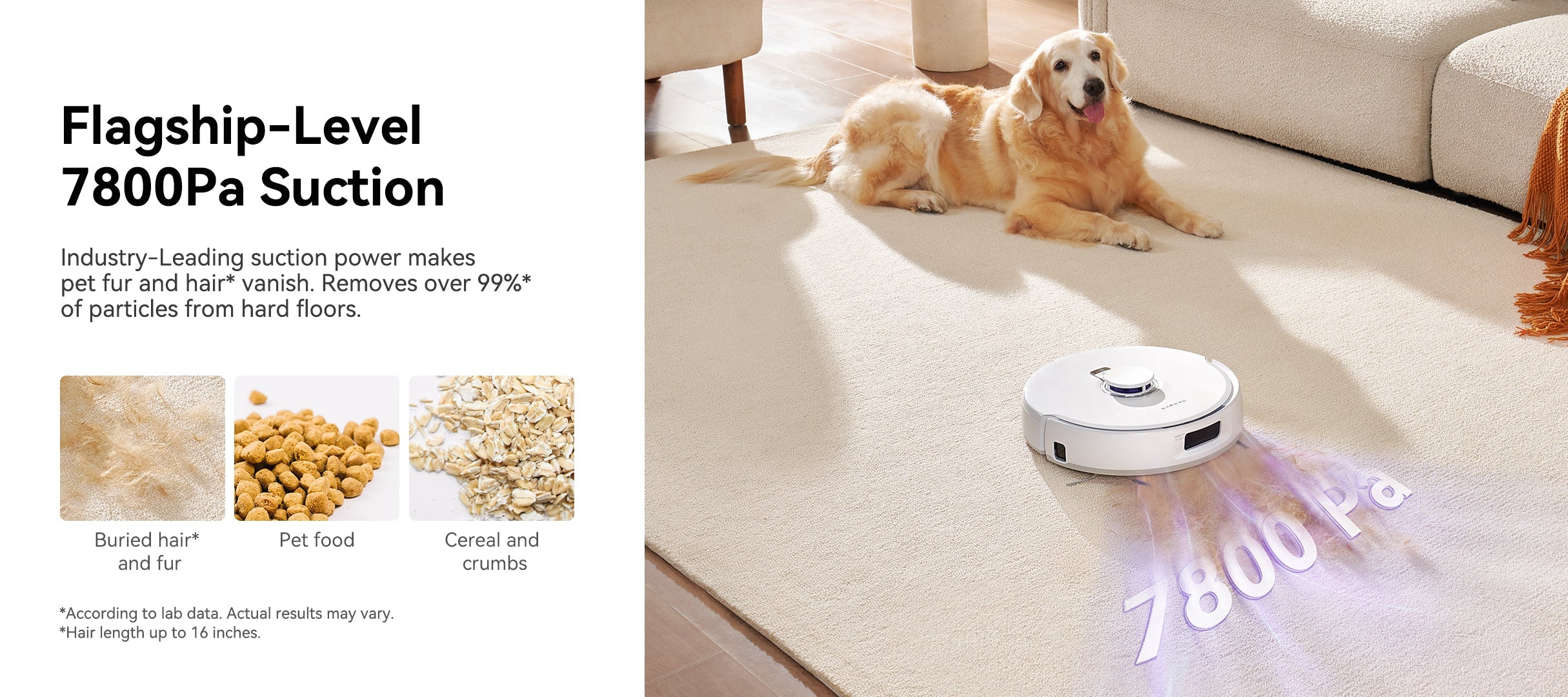 Narwal Freo X Plus Robot Vacuum and Mop with 7800Pa flagship-level suction power, removing over 99% of pet fur, buried hair, pet food, and cereal from hard floors, shown cleaning a carpet with a dog nearby.